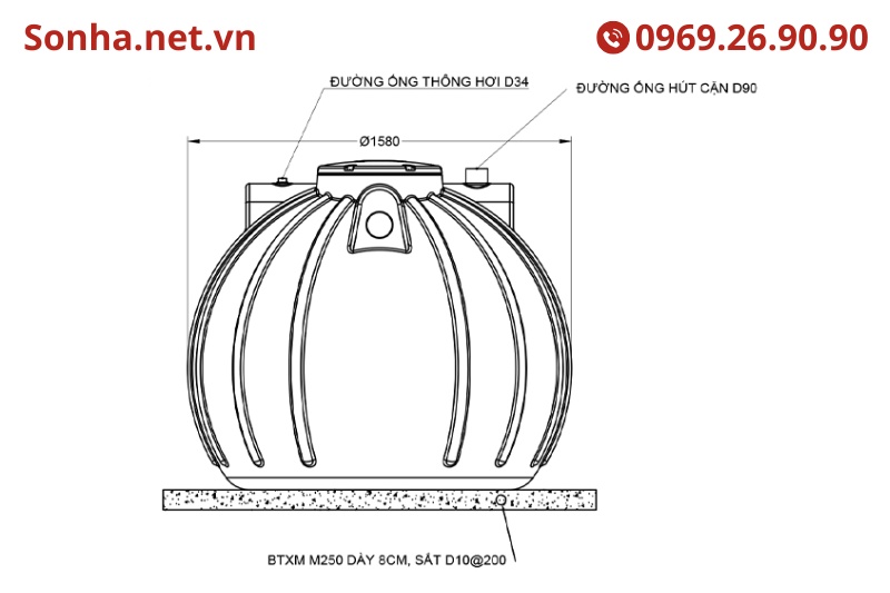 Kích thước của bồn tự hoại septic ngang SATA 5000L