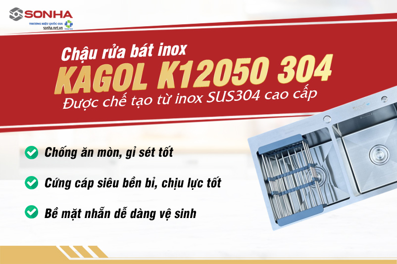 Chậu rửa b&aacute;t 2 hố 1 b&agrave;n chờ Kagol K12050 được l&agrave;m từ inox 304
