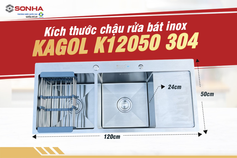 K&iacute;ch thước bồn rửa b&aacute;t inox 304 Kagol K12050