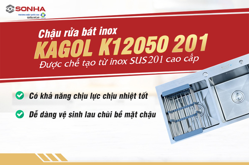 Chậu rửa b&aacute;t 2 hố 1 b&agrave;n chờ Kagol K12050 được l&agrave;m từ inox 201