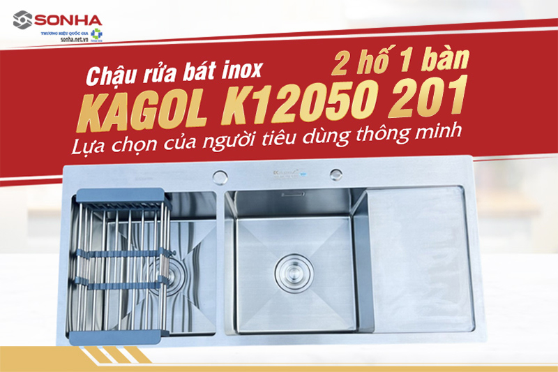 Si&ecirc;u phẩm chậu rửa b&aacute;t Kagol K12050 201 - Chậu 2 hố 1 b&agrave;n
