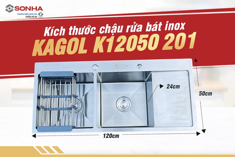 K&iacute;ch thước bồn rửa b&aacute;t inox 201 2 hố 1 b&agrave;n Kagol K12050