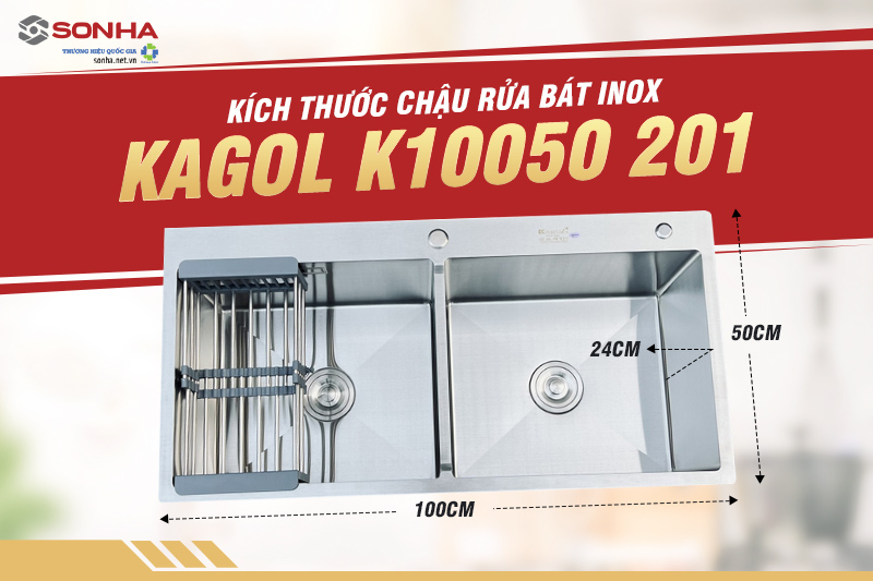 K&iacute;ch thước bồn rửa ch&eacute;n inox 201 Kagol K10050 201 2 hố c&acirc;n