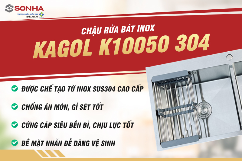 Bồn rửa ch&eacute;n 2 hố Kagol K10050 304 được l&agrave;m từ inox 304