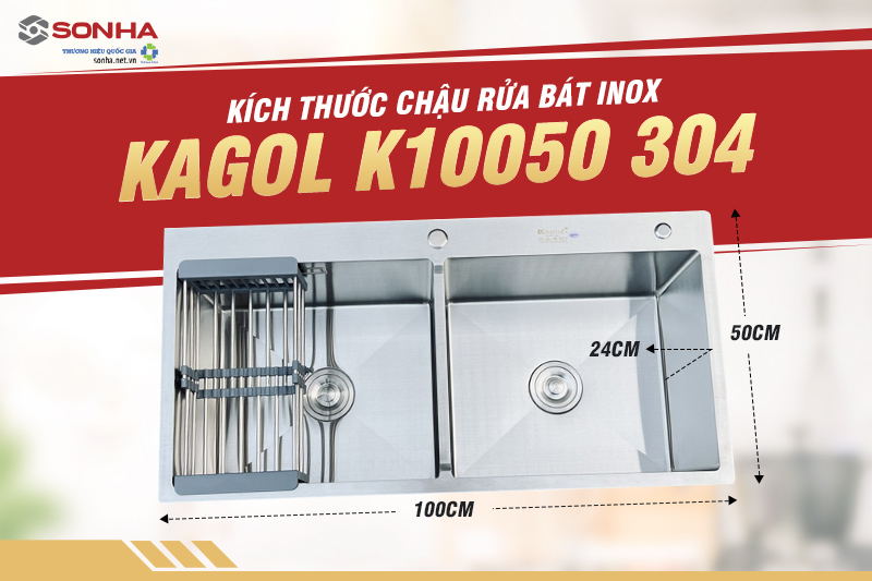 K&iacute;ch thước c&aacute;c chiều của bồn rửa ch&eacute;n b&aacute;t 2 hố Kagol K10050 inox 304