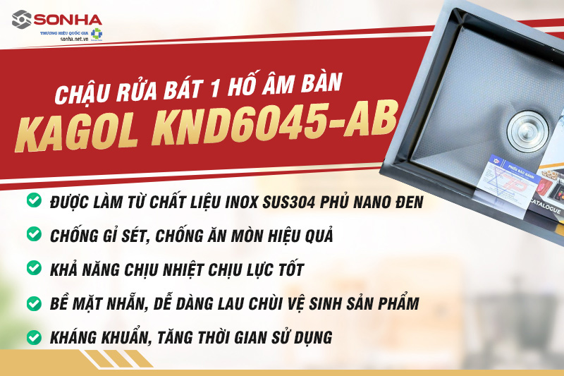 Kagol KND6045-AB được l&agrave;m từ inox 304 phủ nano đen