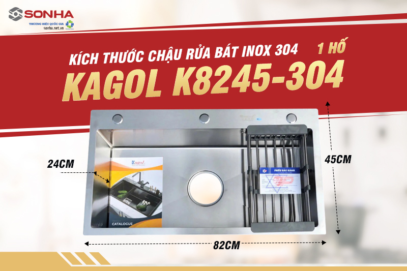 Bồn rửa b&aacute;t 1 hố inox Kagol K8245-304 c&oacute; k&iacute;ch thước lớn