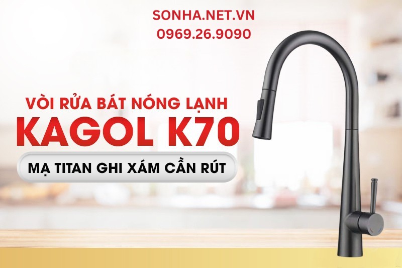 V&ograve;i rửa ch&eacute;n n&oacute;ng lạnh Kagol K70 mạ titan ghi x&aacute;m cần r&uacute;t 