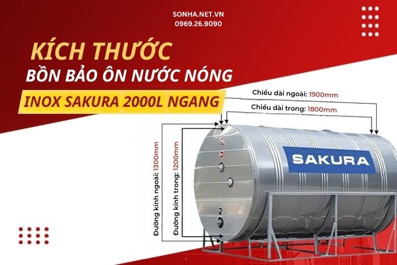 Kích thước tiêu chuẩn bình bảo ôn Sakura 2000L ngang