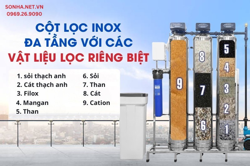 3 Cột inox chất lượng kết hợp c&ugrave;ng vật liệu lọc cao cấp