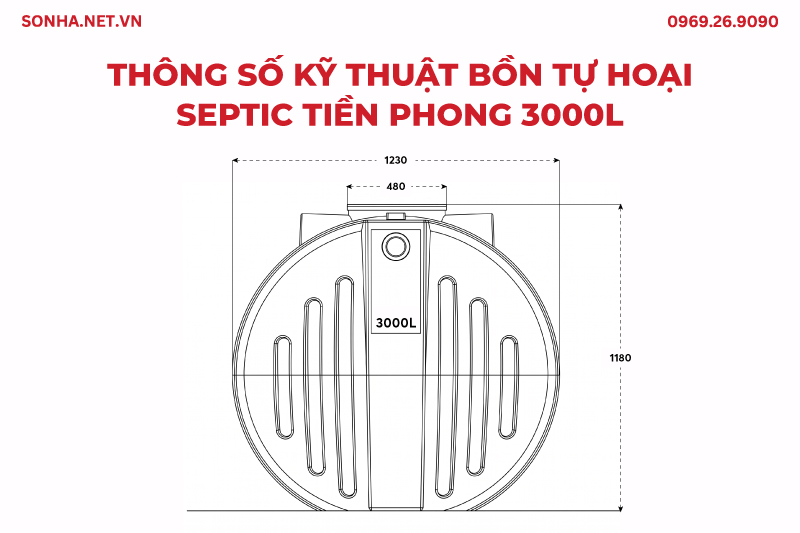 Th&ocirc;ng số kỹ thuật bồn tự hoại septic Tiền Phong ngang 3000L