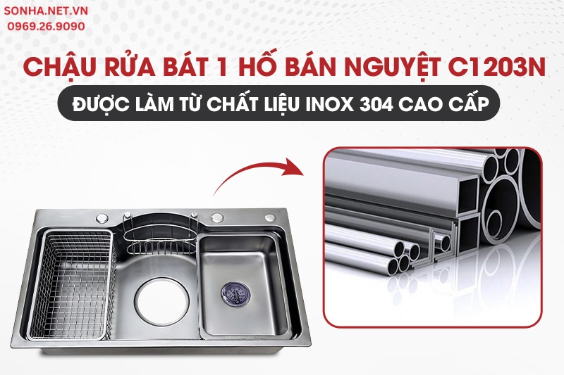 Chậu b&aacute;n nguyệt Cielo C1203N được l&agrave;m từ inox 304 cao cấp, d&agrave;y dặn