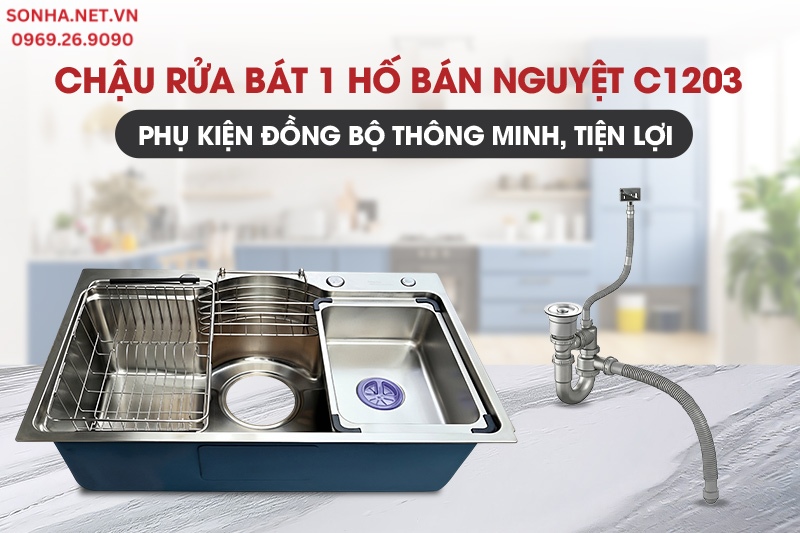 Chậu rửa b&aacute;t b&aacute;n nguyệt C1203 sở hữu bộ phụ kiện th&ocirc;ng minh, tiện dụng