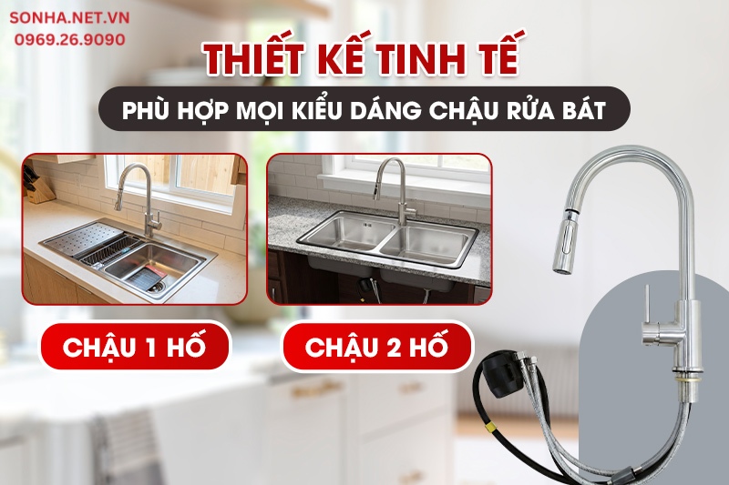Thiết kế ph&ugrave; hợp với cả chậu 2 hố v&agrave; chậu 1 hố lớn