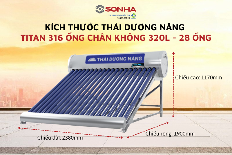 Th&ocirc;ng số k&iacute;ch cỡ th&aacute;i dương năng titan 316 ống ch&acirc;n kh&ocirc;ng 320L 28 ống