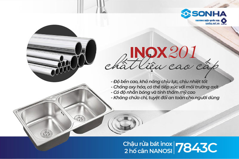 Bồn rửa ch&eacute;n đ&ocirc;i Nanosi 7843C l&agrave;m từ inox 201