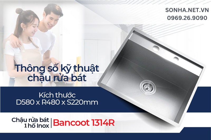 K&iacute;ch thước bồn rửa ch&eacute;n 1 ngăn Bancoot 1314R 