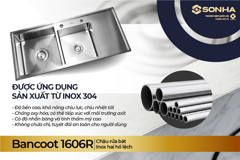 Bồn rửa b&aacute;t đ&ocirc;i Bancoot 1606R l&agrave;m từ inox 304