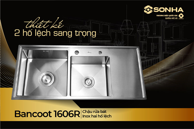 Chậu rửa b&aacute;t Bancoot 1606R thiết kế 2 hố lệch 