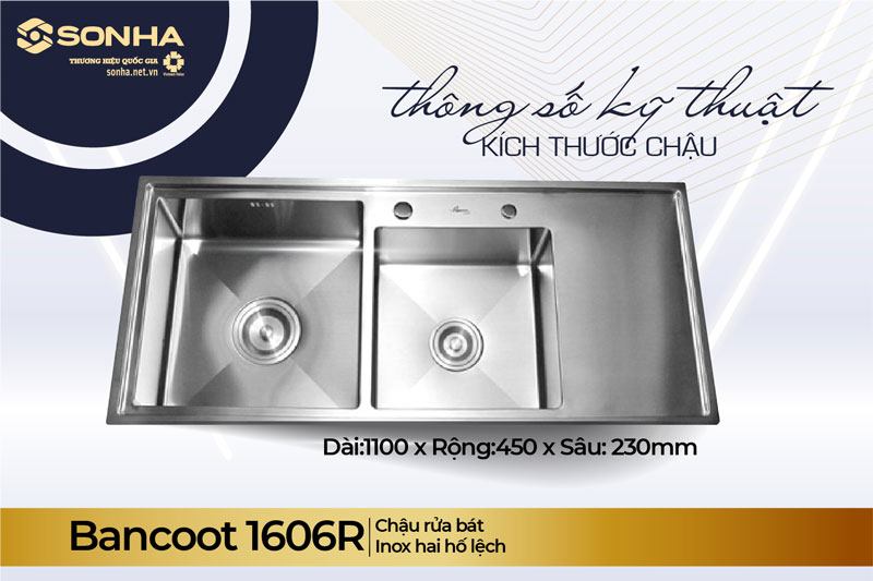 Th&ocirc;ng số kỹ thuật chậu rửa b&aacute;t 2 hố inox 304 Bancoot 1606R