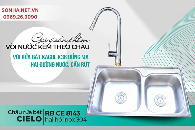 Bộ đ&ocirc;i chậu Cielo CE 8143 v&agrave; v&ograve;i Kagol K36 tiện &iacute;ch trong căn bếp