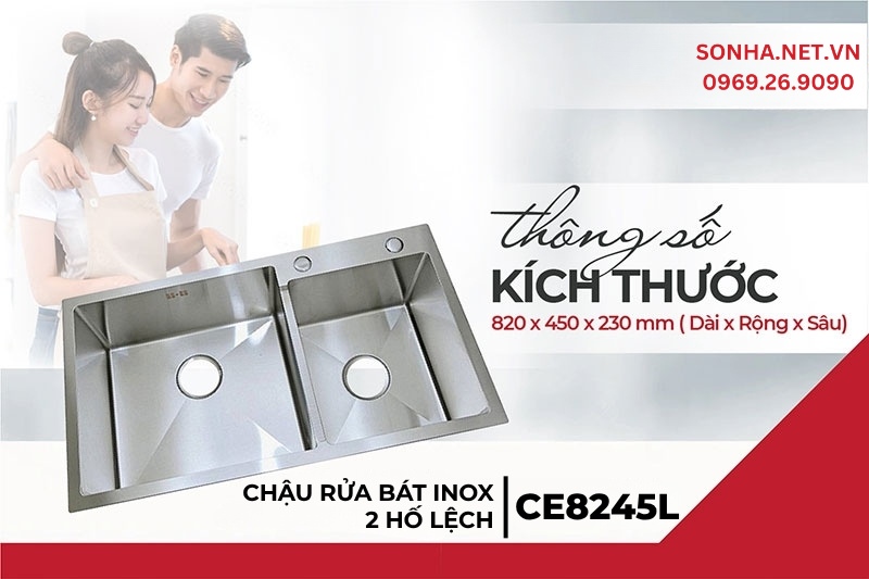 K&iacute;ch thước bồn rửa ch&eacute;n 2 hố lệch Cielo CE8245L