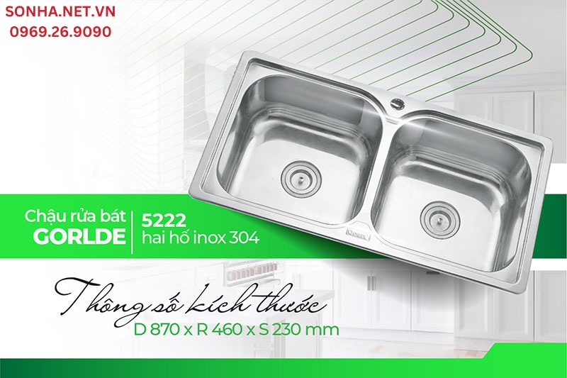 Th&ocirc;ng số k&iacute;ch thước chậu inox 2 hố c&acirc;n Gorlde GD 5222