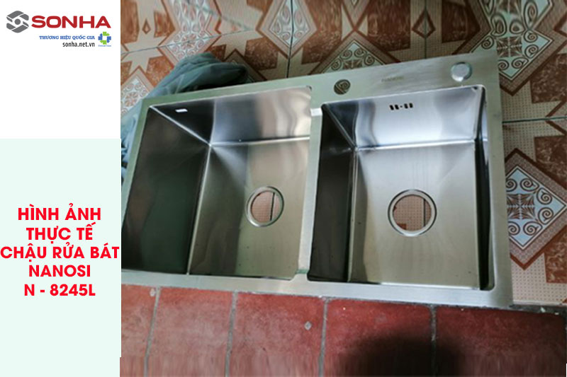 H&igrave;nh ảnh thực tế chậu rửa b&aacute;t 2 hố Nanosi N-8245L