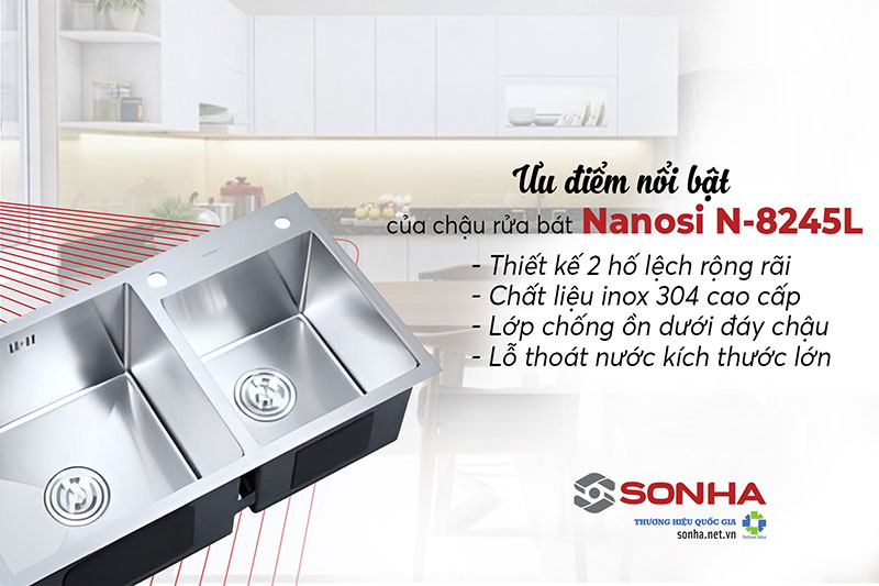 Ưu điểm bồn rửa ch&eacute;n inox 304 2 ngăn Nanosi N-8245L