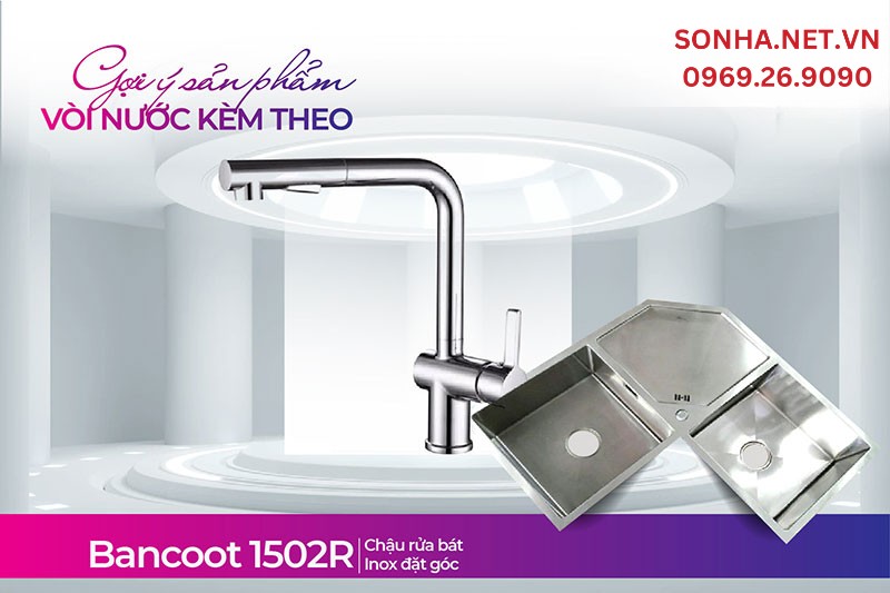Bộ đ&ocirc;i chậu v&agrave; v&ograve;i Bancoot 1502R v&agrave; BCR02 tiện &iacute;ch kh&ocirc;ng gian căn bếp