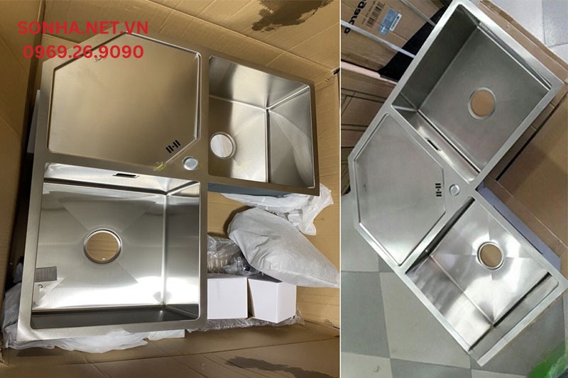 H&igrave;nh ảnh thực tế chậu rửa b&aacute;t inox 304 đặt g&oacute;c Bancoot 1502R
