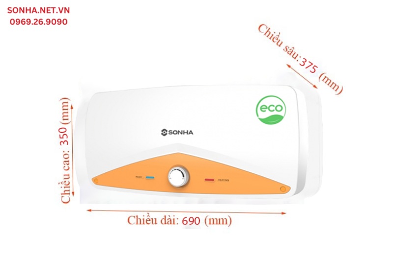 Th&ocirc;ng số k&iacute;ch thước b&igrave;nh nước n&oacute;ng eco 20 l&iacute;t ngang