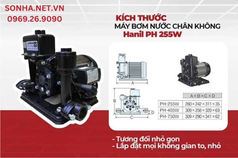 K&iacute;ch thước m&aacute;y bơm Hanil 250w tương đối nhỏ gọn, dễ d&agrave;ng lắp đặt