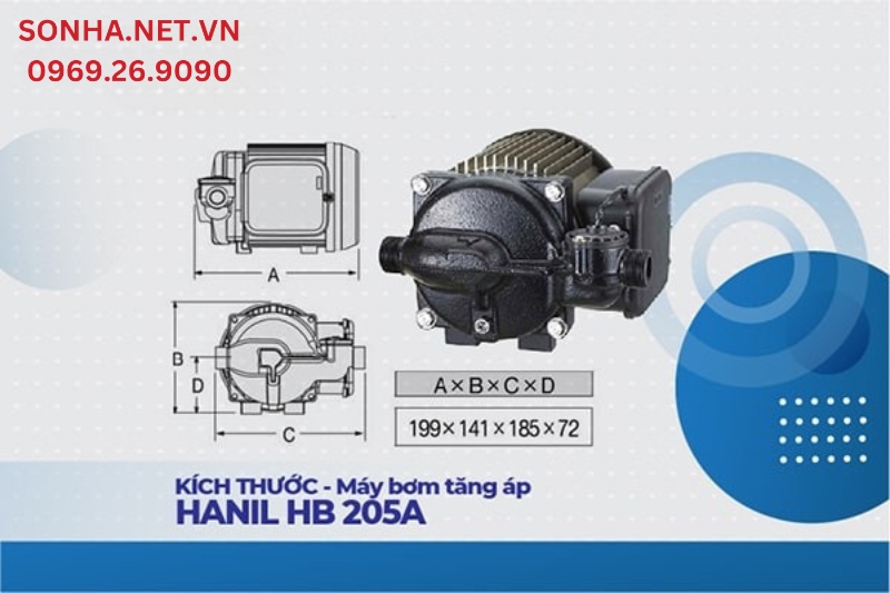 K&iacute;ch thước m&aacute;y bơm tăng &aacute;p điện tử Hanil HB 205A (280W) nhỏ gọn lắp đặt mọi kh&ocirc;ng gian 