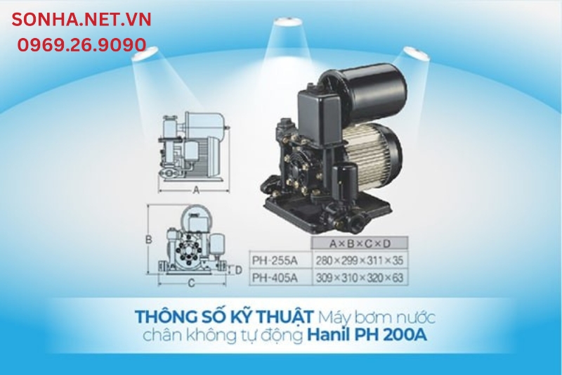 M&aacute;y bơm nước ch&acirc;n kh&ocirc;ng tự động Hanil PH 200A c&oacute; k&iacute;ch thước nhỏ gọn, dễ d&agrave;ng lắp đặt