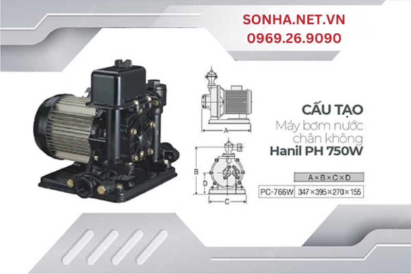 Cấu tạo v&agrave; k&iacute;ch thước m&aacute;y bơm ch&acirc;n kh&ocirc;ng 750W Hanil