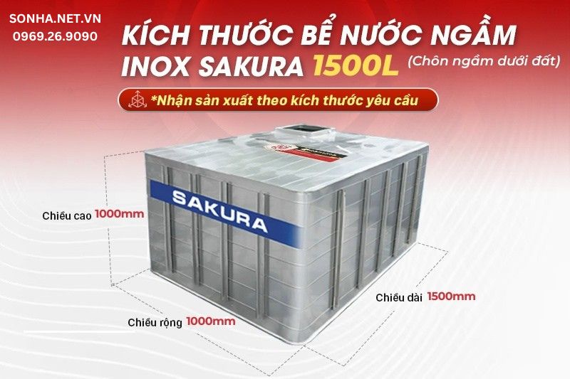 K&iacute;ch thước bể nước ngầm inox Sakura 1500L