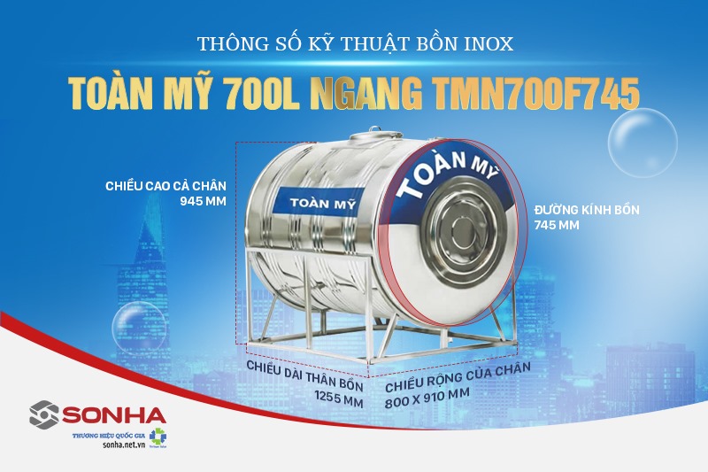 Th&ocirc;ng số kỹ thuật của bồn inox To&agrave;n Mỹ ngang TMN700F745