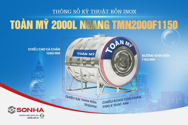 Th&ocirc;ng số kỹ thuật của bồn inox To&agrave;n Mỹ 2000L ngang TMN2000F1150