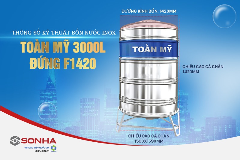 Thông số kỹ thuật Bồn inox Toàn Mỹ 3000L đứng F1420