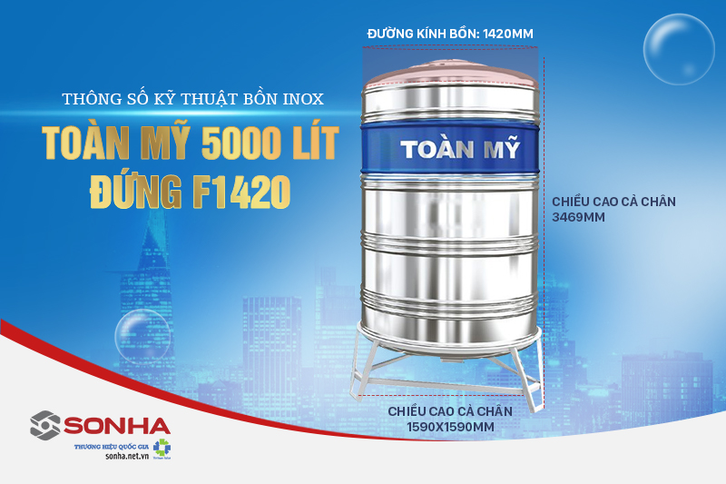 Thông số kỹ thuật Bồn inox Toàn Mỹ Đứng TM D5000F1420