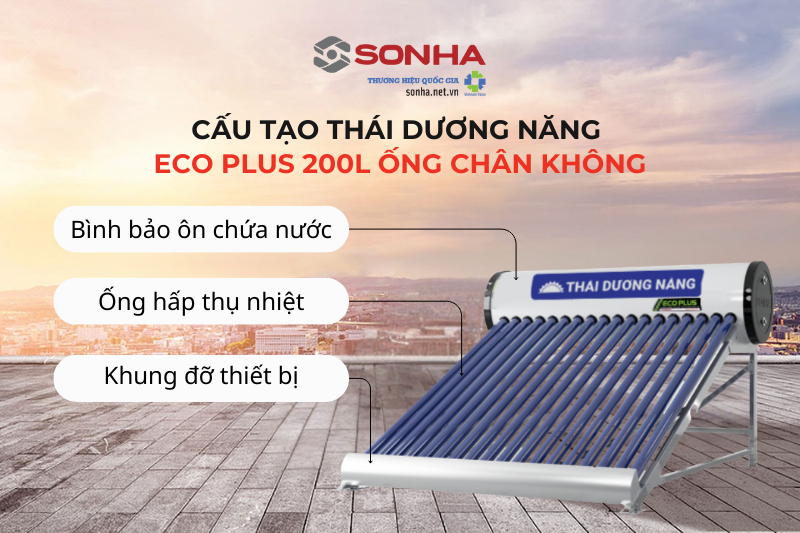 Cấu tạo th&aacute;i dương năng Eco Plus 200L ống ch&acirc;n kh&ocirc;ng