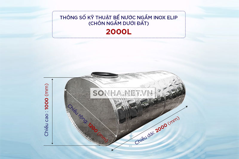 Th&ocirc;ng số kỹ thuật bể nước ngầm inox Elip 2000L