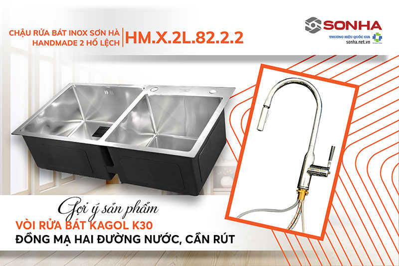 Sắm chậu rửa ch&eacute;n Handmade HM.X.2L.82.2.2 v&agrave; v&ograve;i Kagol K30