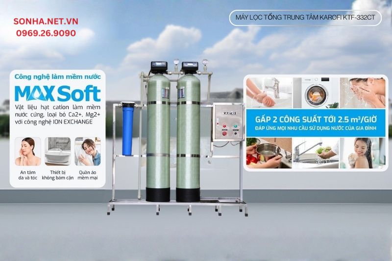 Lọc tổng đầu nguồn Karofi KTF-332CT xử l&yacute; hiệu quả nước cứng, an to&agrave;n cho da t&oacute;c