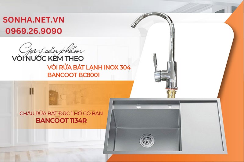 Căn bếp tiện nghi lắp chậu Bancoot 1134R v&agrave; v&ograve;i Bancoot B8001