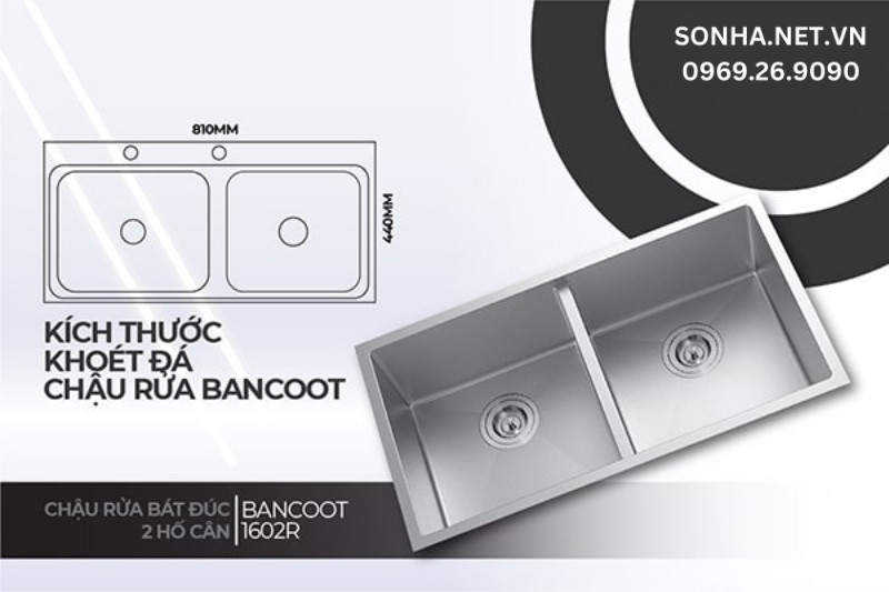 K&iacute;ch thước kho&eacute;t đ&aacute; Bancoot 1602R gợi &yacute; nhỏ hơn 100 - 200m so với chiều d&agrave;i, rộng chậu l&agrave; 830 x 450mm