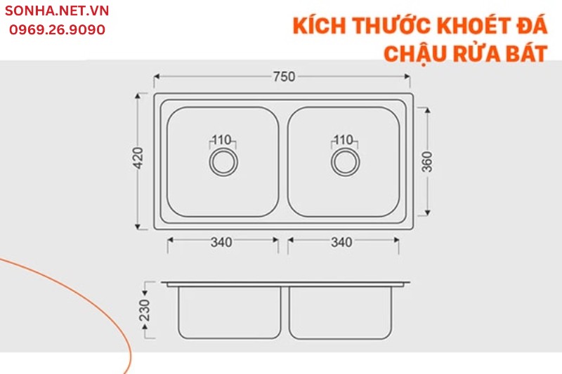 K&iacute;ch thước kho&eacute;t đ&aacute; bồn rửa ch&eacute;n inox Bancoot 1601R khi lắp đặt