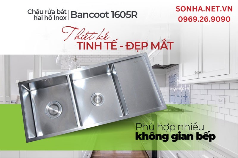 Chậu 2 hố Bancoot 1605R thiết kế tinh tế, ph&ugrave; hợp nhiều kh&ocirc;ng gian bếp