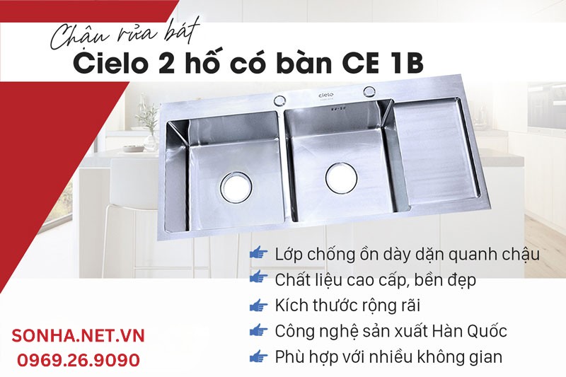 5 ưu điểm vượt trội chậu rửa b&aacute;t 2 hố c&oacute; b&agrave;n chờ Cielo CE 1B